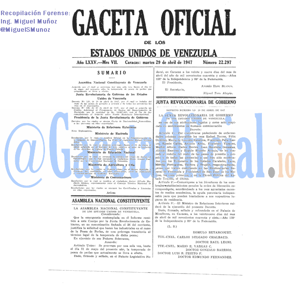 Gaceta Oficial 22297 del 29 Abril 1947