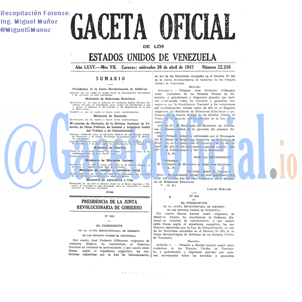 Gaceta Oficial 22298 del 30 Abril 1947