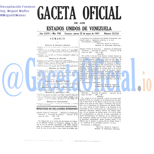 Gaceta Oficial 22316 del 22 Mayo 1947