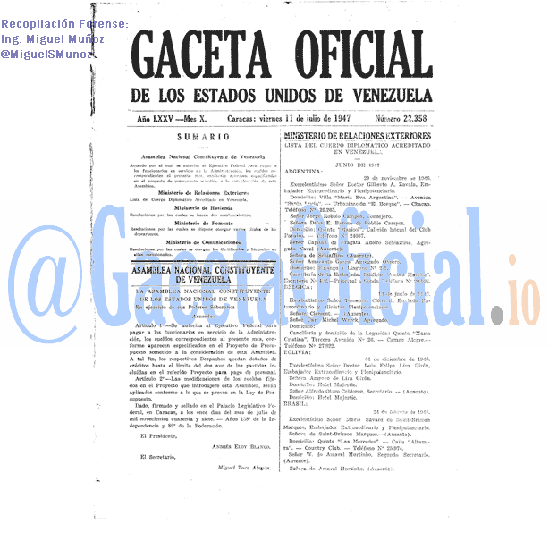 Gaceta Oficial 22358 del 11 Julio 1947
