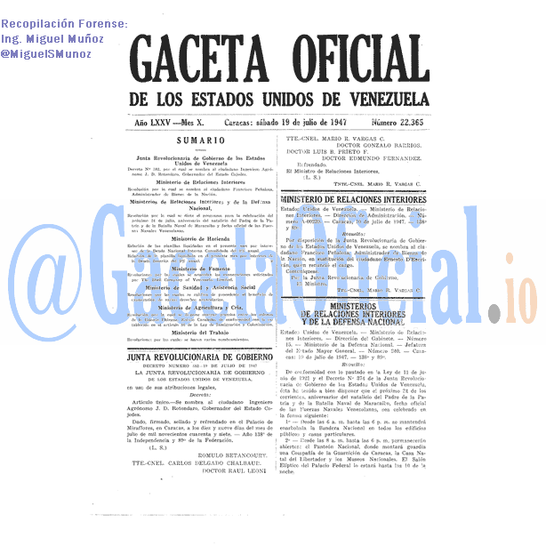 Gaceta Oficial 22365 del 19 Julio 1947