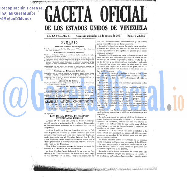Gaceta Oficial 22385 del 13 Agosto 1947