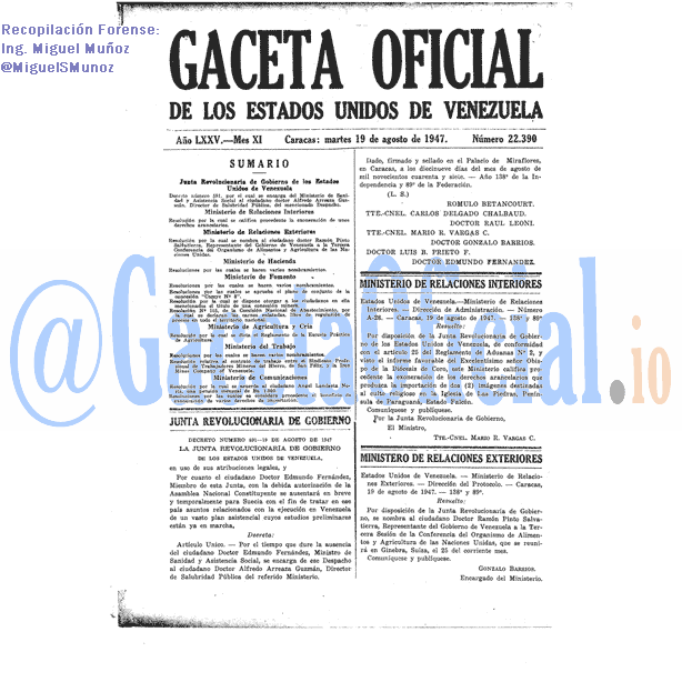 Gaceta Oficial 22390 del 19 Agosto 1947