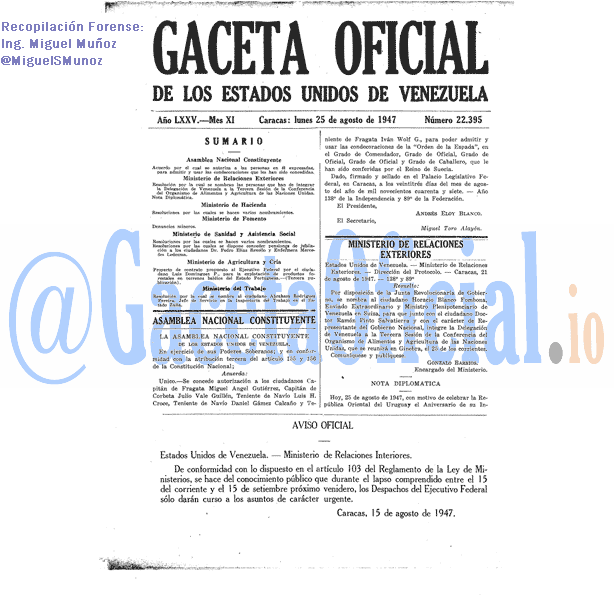 Gaceta Oficial 22395 del 25 Agosto 1947
