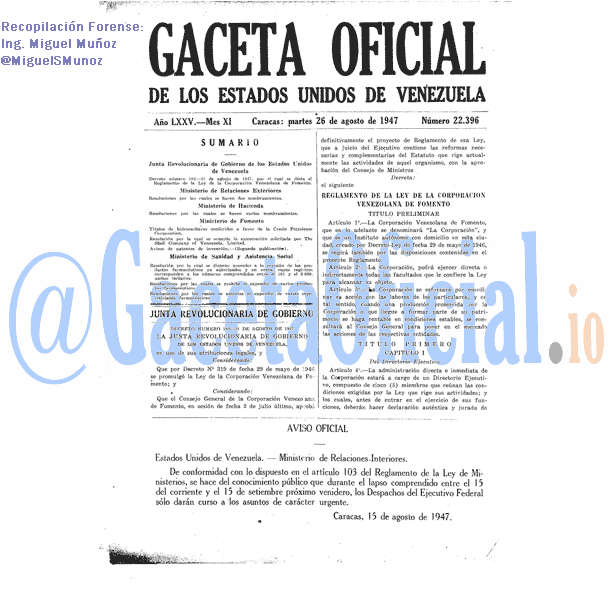 Gaceta Oficial 22396 del 26 Agosto 1947