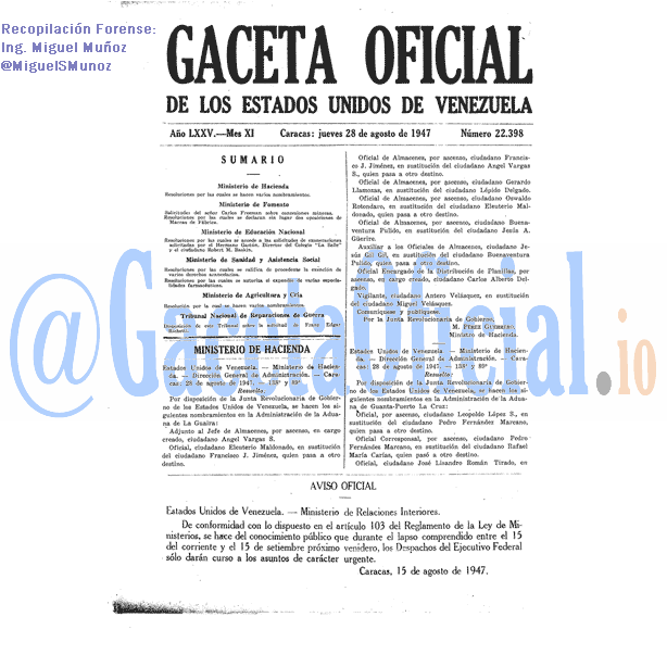 Gaceta Oficial 22398 del 28 Agosto 1947
