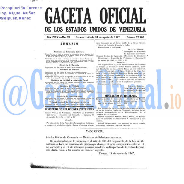Gaceta Oficial 22400 del 30 Agosto 1947