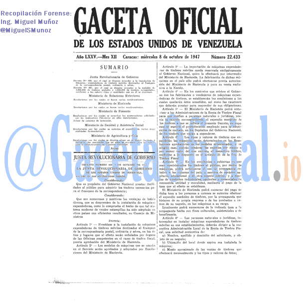 Gaceta Oficial 22433 del 8 Octubre 1947