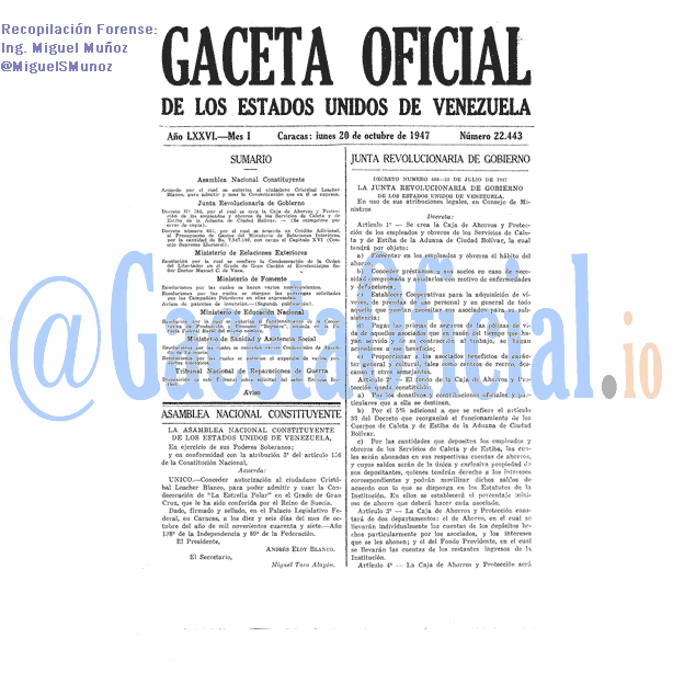 Gaceta Oficial 22443 del 20 Octubre 1947