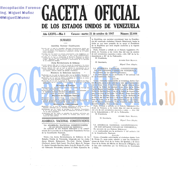 Gaceta Oficial 22444 del 21 Octubre 1947