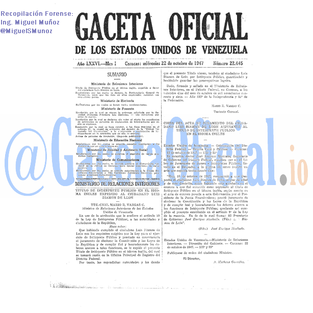 Gaceta Oficial 22445 del 22 Octubre 1947