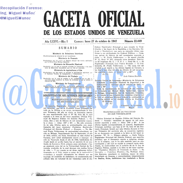 Gaceta Oficial 22449 del 27 Octubre 1947