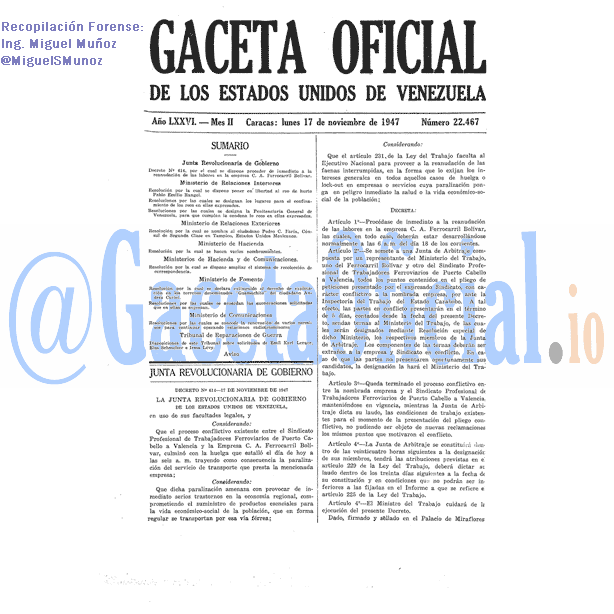 Gaceta Oficial 22467 del 17 Noviembre 1947