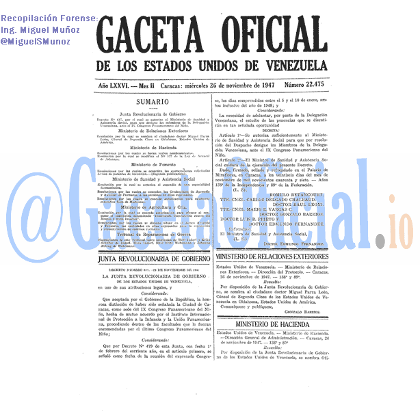 Gaceta Oficial 22475 del 26 Noviembre 1947