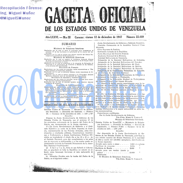 Gaceta Oficial 22489 del 12 Diciembre 1947