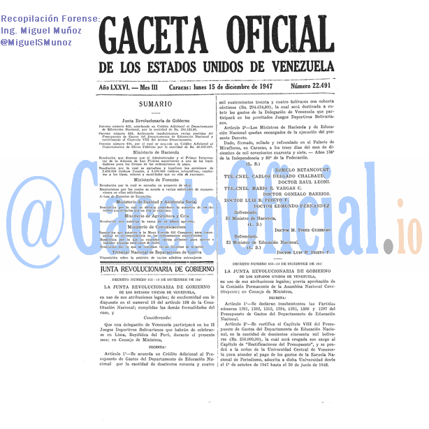 Gaceta Oficial 22491 del 15 Diciembre 1947