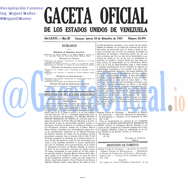 Gaceta Oficial 22494 del 18 Diciembre 1947