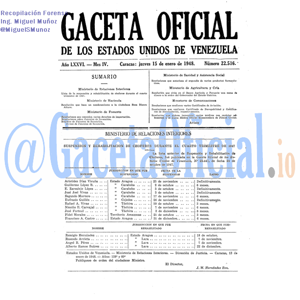 Gaceta Oficial 22516 del 15 Enero 1948
