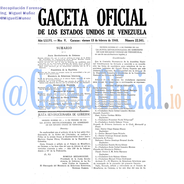 Gaceta Oficial 22541 del 13 Febrero 1948