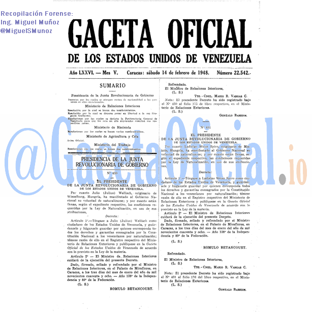 Gaceta Oficial 22542 del 14 Febrero 1948
