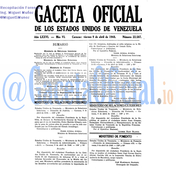 Gaceta Oficial 22587 del 9 Abril 1948