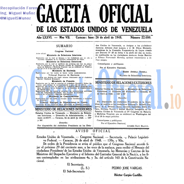 Gaceta Oficial 22600 del 26 Abril 1948