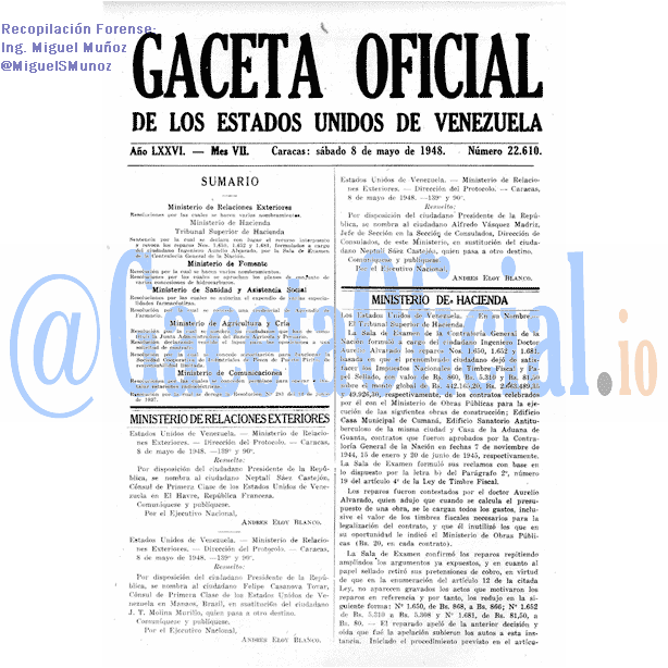 Gaceta Oficial 22610 del 8 Mayo 1948