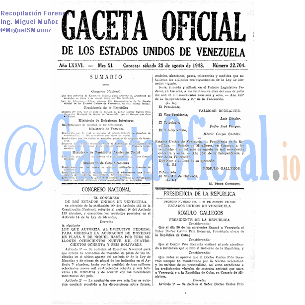 Gaceta Oficial 22704 del 28 Agosto 1948