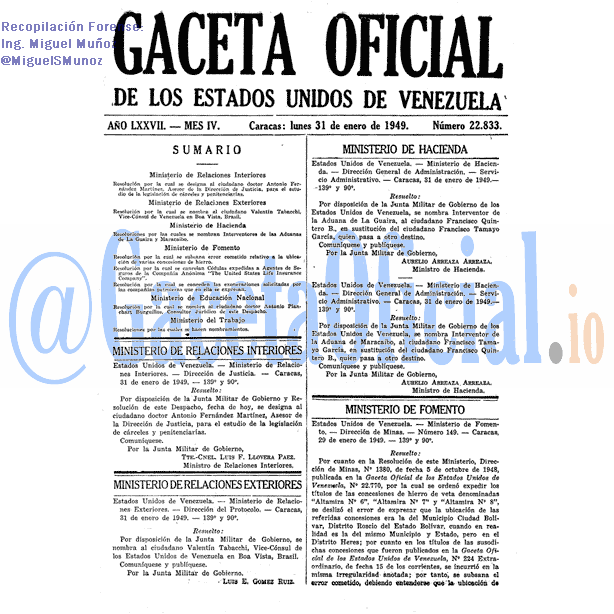 Gaceta Oficial 22833 del 31 Enero 1949