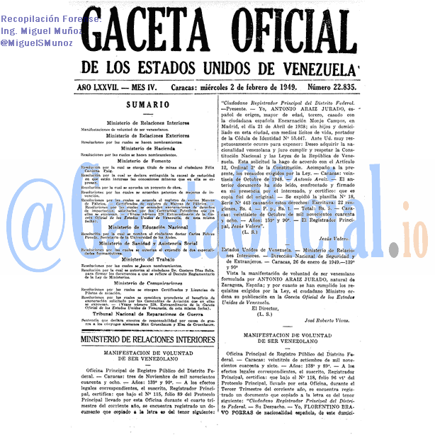 Gaceta Oficial 22835 del 2 Febrero 1949