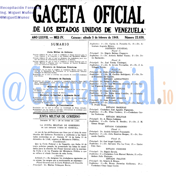Gaceta Oficial 22838 del 5 Febrero 1949