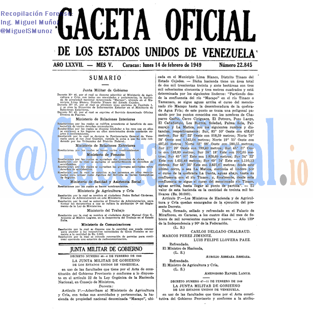 Gaceta Oficial 22845 del 14 Febrero 1949