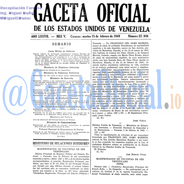 Gaceta Oficial 22846 del 15 Febrero 1949