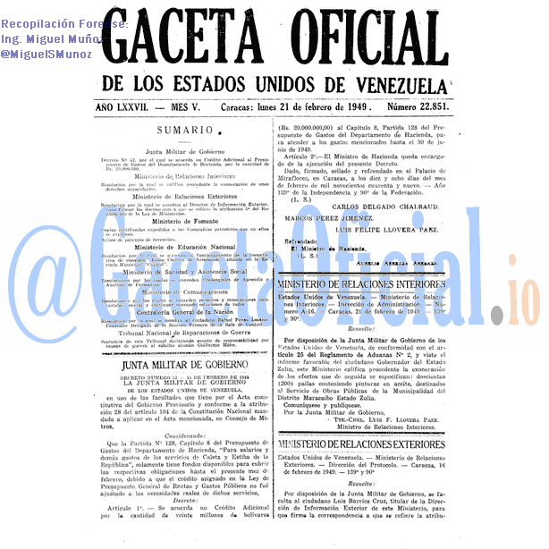 Gaceta Oficial 22851 del 21 Febrero 1949