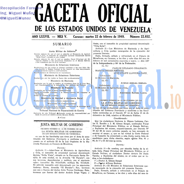 Gaceta Oficial 22852 del 22 Febrero 1949