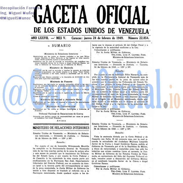 Gaceta Oficial 22854 del 24 Febrero 1949