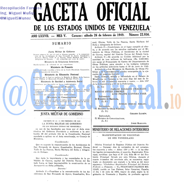 Gaceta Oficial 22856 del 26 Febrero 1949