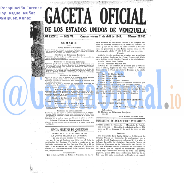 Gaceta Oficial 22885 del 1 Abril 1949