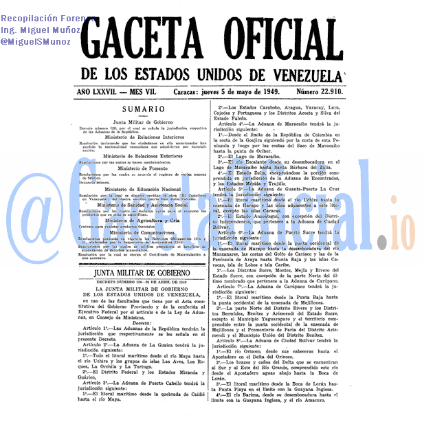 Gaceta Oficial 22910 del 5 Mayo 1949