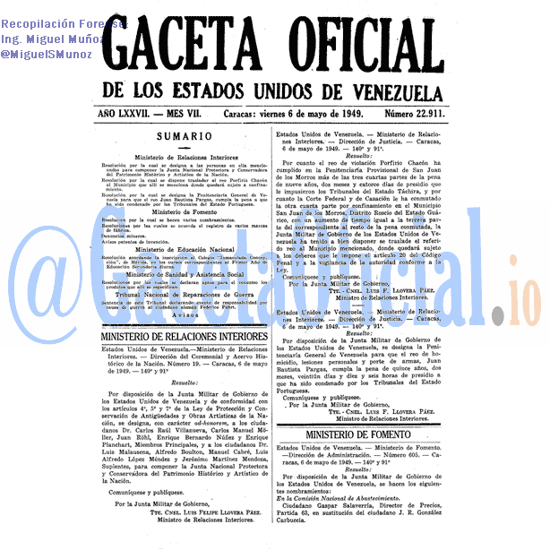Gaceta Oficial 22911 del 6 Mayo 1949