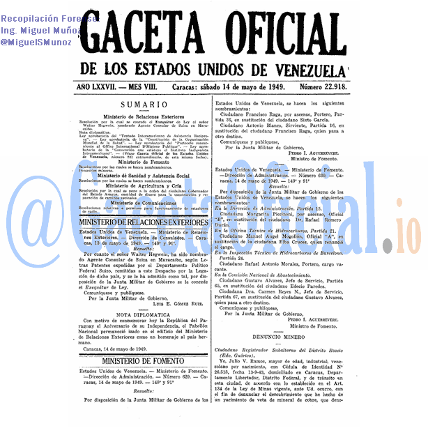 Gaceta Oficial 22918 del 14 Mayo 1949
