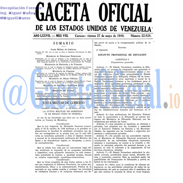 Gaceta Oficial 22929 del 27 Mayo 1949
