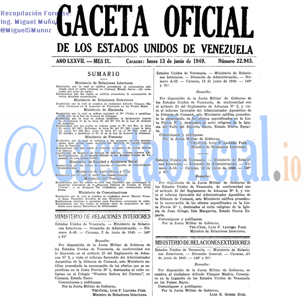 Gaceta Oficial 22943 del 13 Junio 1949