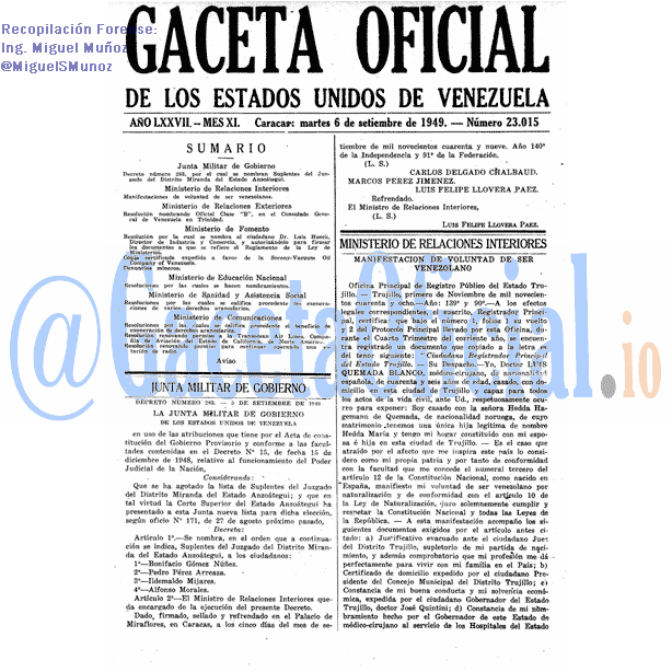 Gaceta Oficial 23015 del 6 Septiembre 1949