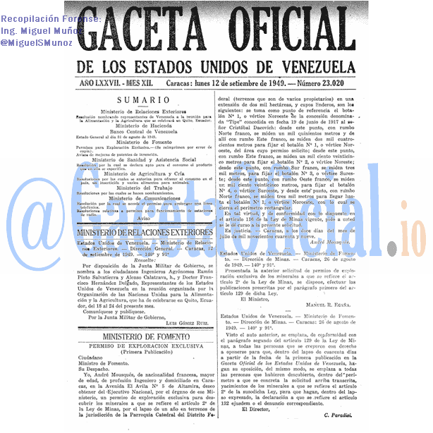 Gaceta Oficial 23020 del 12 Septiembre 1949