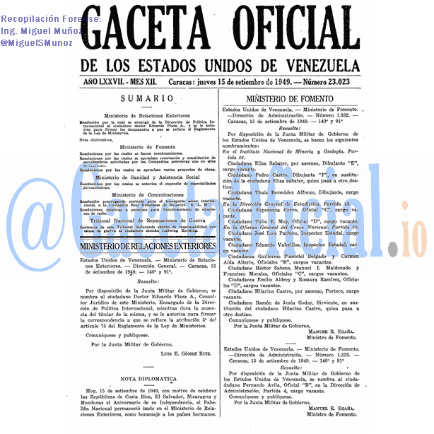 Gaceta Oficial 23023 del 15 Septiembre 1949