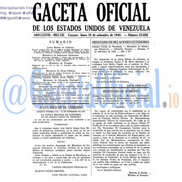 Gaceta Oficial 23026 del 19 Septiembre 1949