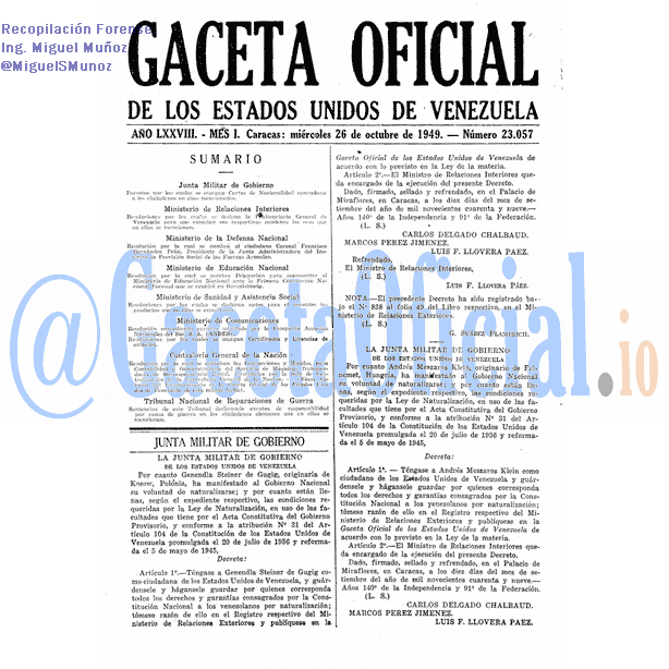 Gaceta Oficial 23057 del 26 Octubre 1949