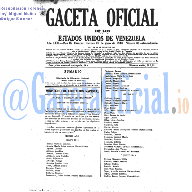Gaceta Oficial 39 del 25 Junio 1943