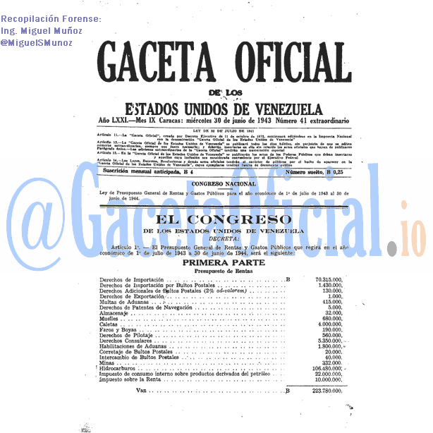 Gaceta Oficial 41 del 30 Junio 1943